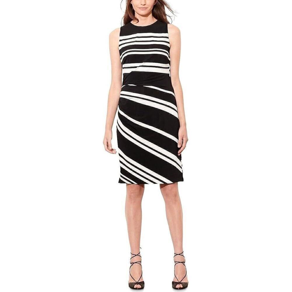 Lauren Ralph Lauren Size 10 Striped Ruched Sheath Dress Black White Sleeveless
